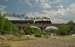 ponte, treno, fiume, fumo, vapore, locomotiva, alberi