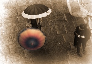 ombrelli, persone, pioggia, due, strada, donna, uomo, nero, ombrello, bianco