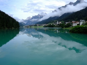 nuvole, lago, riflesso, montagne, acqua, paese, montagna, case