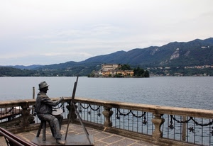 lago, pittore, statua, isola, acqua, cavalletto, montagne, balcone, terrazza, monumento