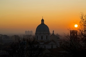 cupola, tramonto, chiesa, sole, rosso, torre, foschia, croce, panorama, cielo