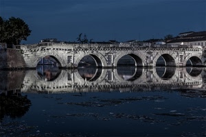 fiume, ponte, archi, acqua, riflesso, cerchi, blu, cielo, riflessi, alberi, notte, arcate, sera, albero, bianco, notturno