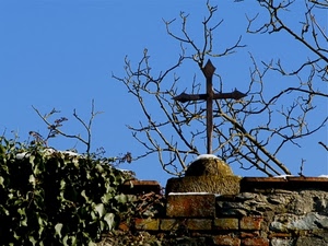 croce, rami, cielo, mattoni, muro, edera, azzurro, albero, ferro, piante