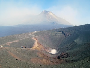 vulcano, cratere, montagna, nuvole, fumo, panorama, cielo, mare