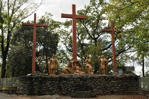 croci, statue, tre, alberi, muro, pietre, monumento, piante