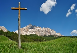 croce, montagna, prato, verde, erba, nuvole, cielo