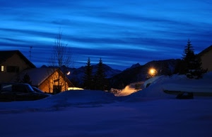 neve, luci, case, inverno, alberi, notte, blu, montagna, notturno