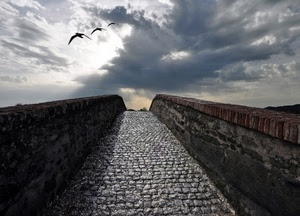 nuvole, uccelli, ponte, cielo, pietre, tre, strada, fotomontaggio