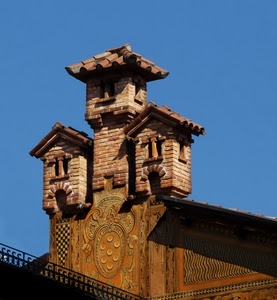 tre, comignoli, mattoni, tetto, tegole, camini, cielo, comignolo