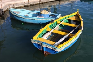 barche, remi, due, acqua, giallo, mare, azzurro