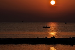 mare, barca, tramonto, sole, riflesso, scogli, acqua, alba, controluce