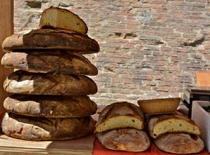 pane, pagnotte, cibo, cestino, muro, pila, bancarella